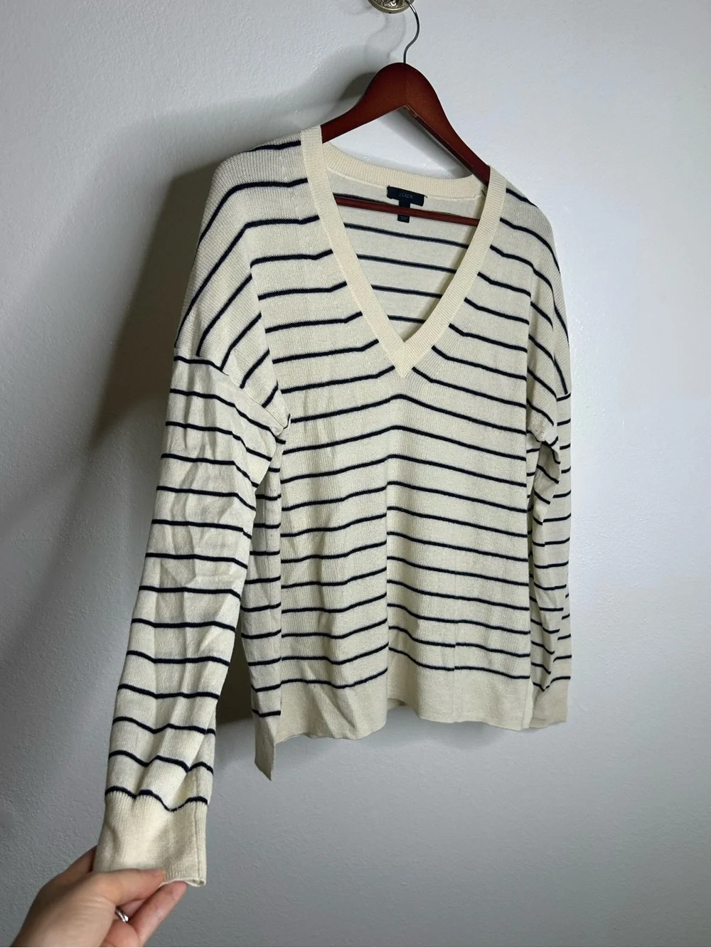 J. Crew Merino Wool Cotton Striped Cream Navy Lightweight V - Neck Sweater
